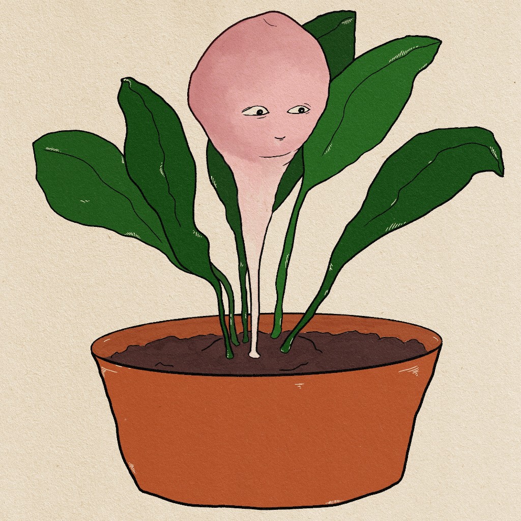 Illustratie van een roze plantwezen in een terracotta pot door Ester Smits